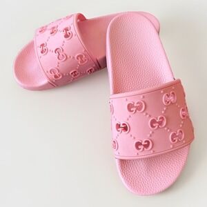 Gucci Sandals Womens Size 8 Pink Rubber Pursuit 72 Slide Logo Made In Italy